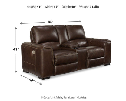 Alessandro Power Reclining Loveseat with Console - U2550218 - approximate manufacturer dimensions (supplier image 11)