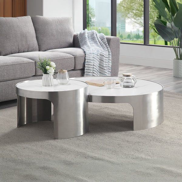 Abilene - Nesting Coffee Table Set - Marble Top & Brush Silver