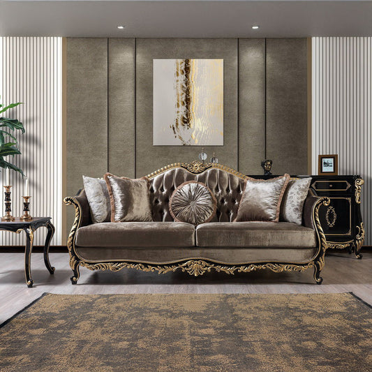 Betria - Sofa & Loveseat Set - Light Green Velvet, Gold & Black High Gloss