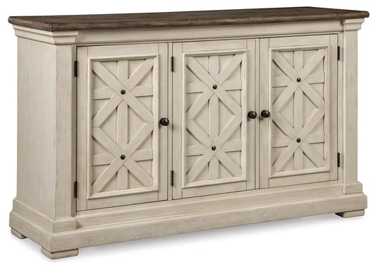 Bolanburg dining server D647-60 with antique white lattice doors and weathered oak top