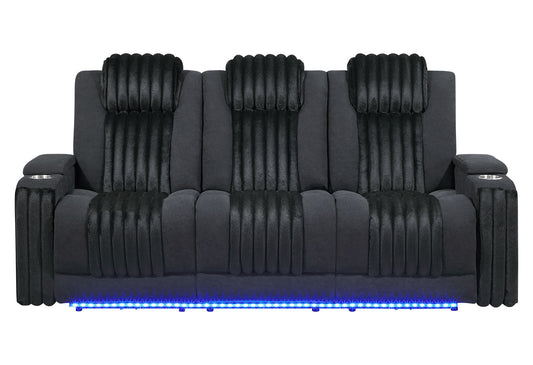 U8000 - Power Reclining Sofa With Power Headrest, Dropdown Table With Wood Trim & Reading Light & LED Light - Black