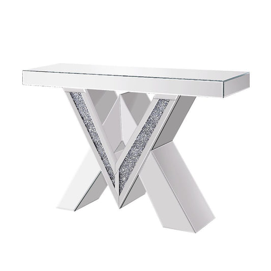 Noralie - Console Table, "V" Shape Pedestal - Mirrored & Faux Diamonds