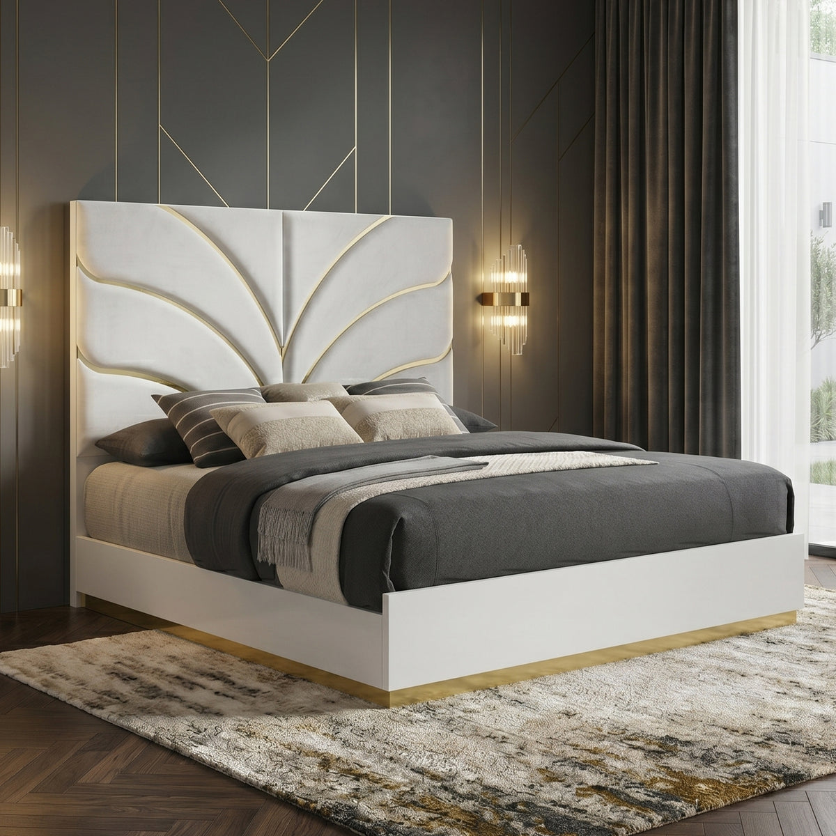 Giovanni White Bed - staged bed view; bedding and room accessories are not included. Shared supplier photo; photographed bed size is not verified.