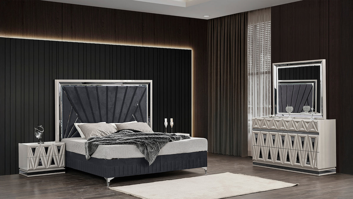 lavita river sand gray bedroom set — four_piece_set_hero. Included pieces depend on selected configuration; chest excluded from 4 Piece.