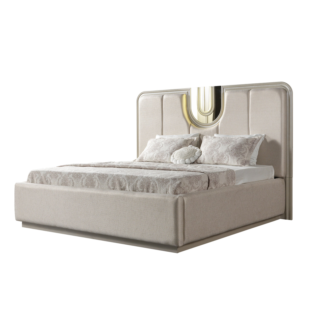 Lesli Beige upholstered bed, angled bed-only view.