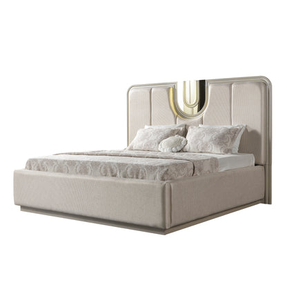 Lesli Beige upholstered bed, angled bed-only view.