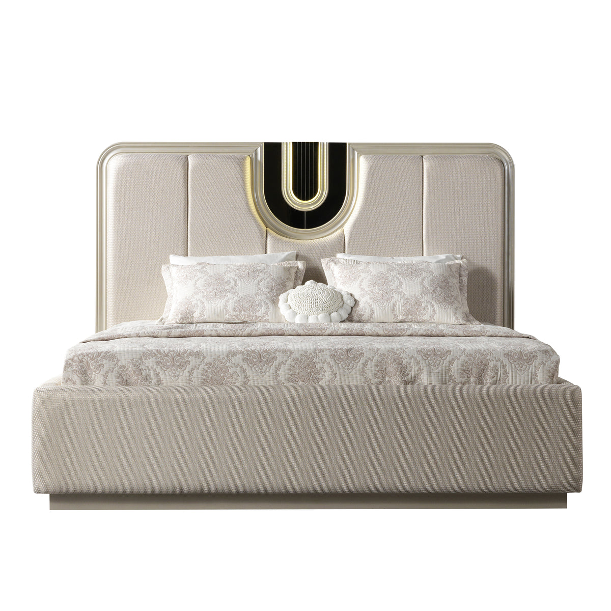 Lesli Beige upholstered bed, front view.