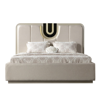 Lesli Beige upholstered bed, front view.
