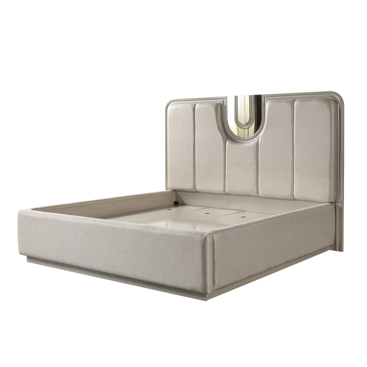 Lesli Beige upholstered bed, angled bare frame view.