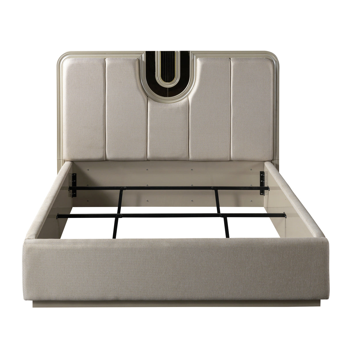 Lesli Beige upholstered bed, front bare frame view.