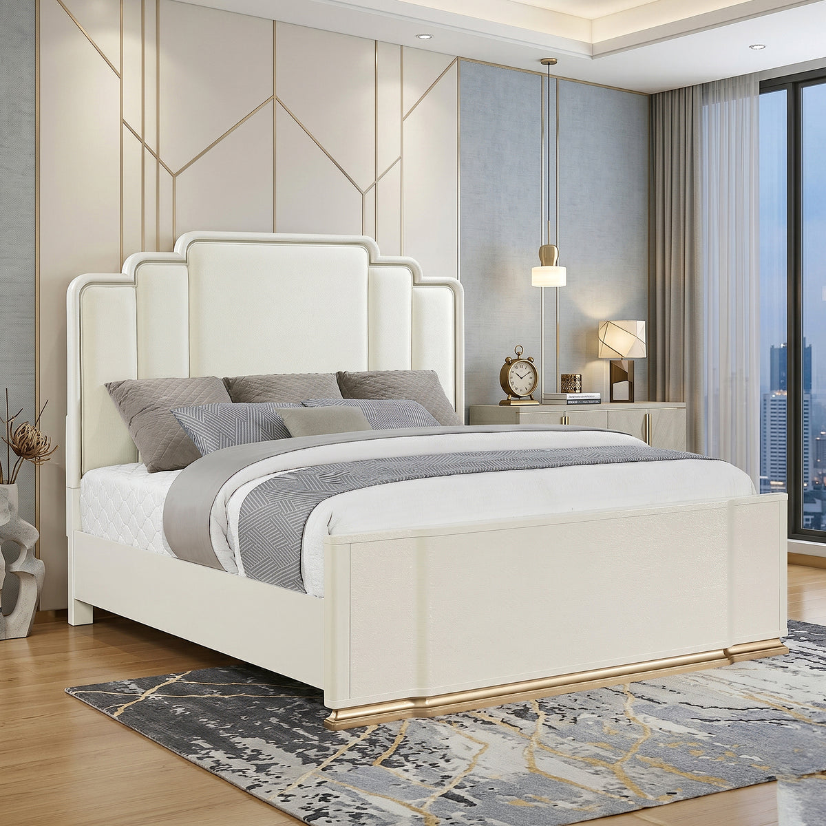 Lexington Beige Bedroom Set - staged bed view; bedding and room accessories are not included. Shared supplier photo; photographed bed size is not verified.