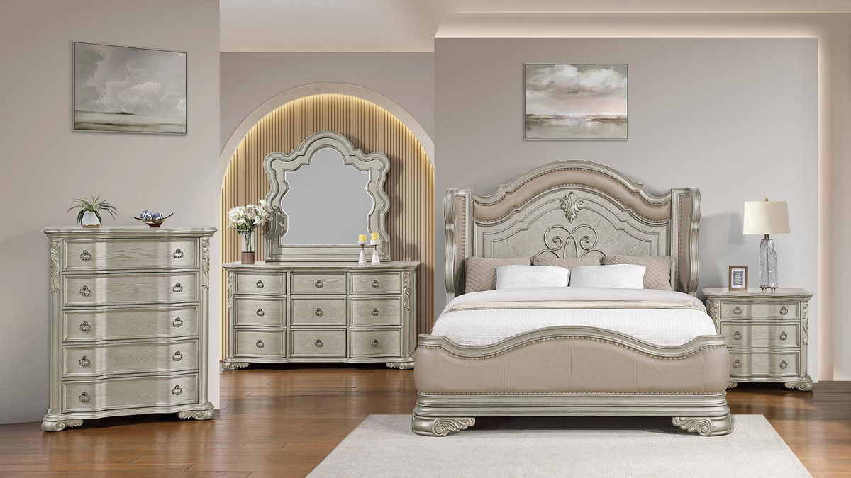 Bella Champagne bedroom collection shown with bed, dresser, mirror, chest and one nightstand. Photographed bed size not verified.