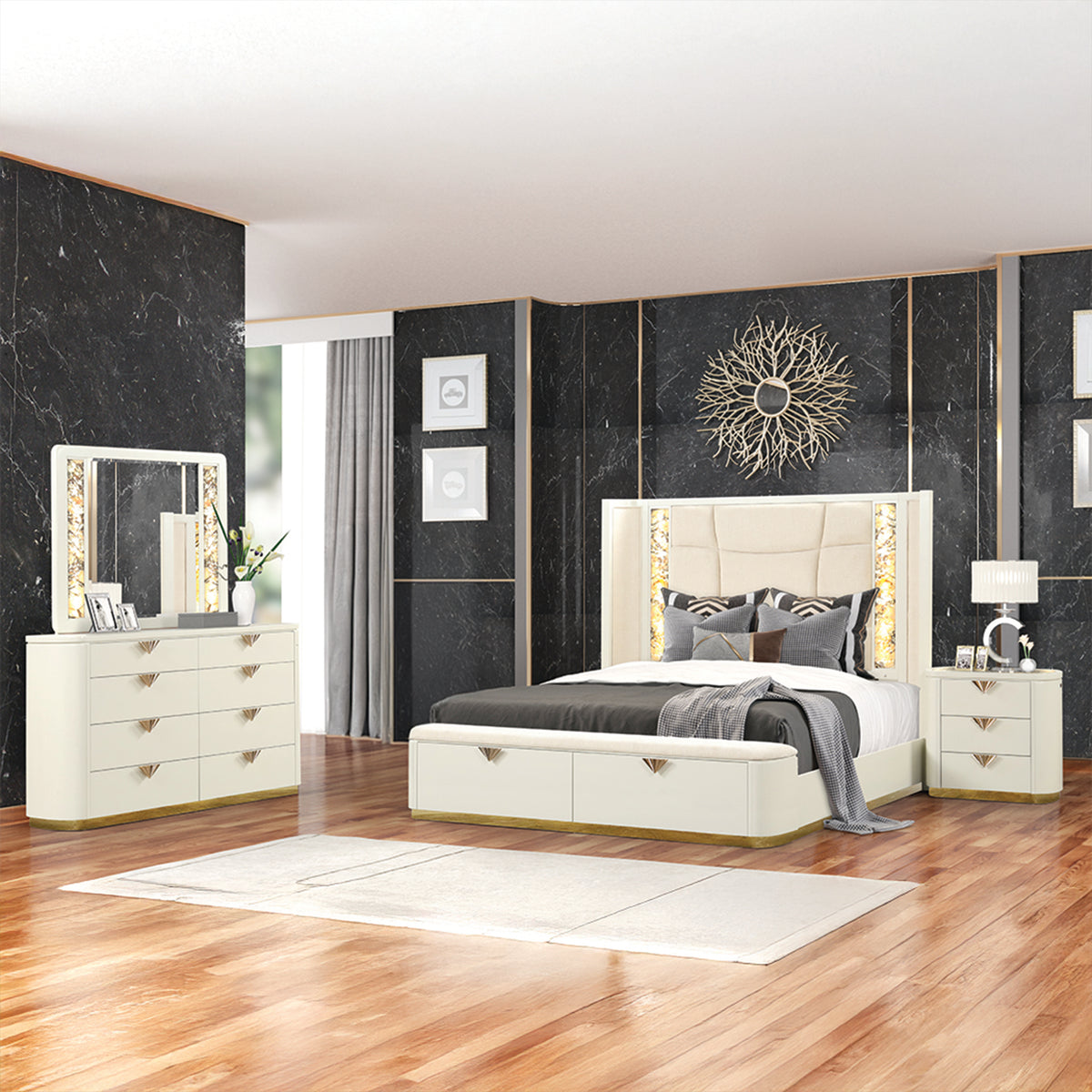 La Pierre Cream bedroom furniture shown in a furnished room. Photographed bed size not verified.