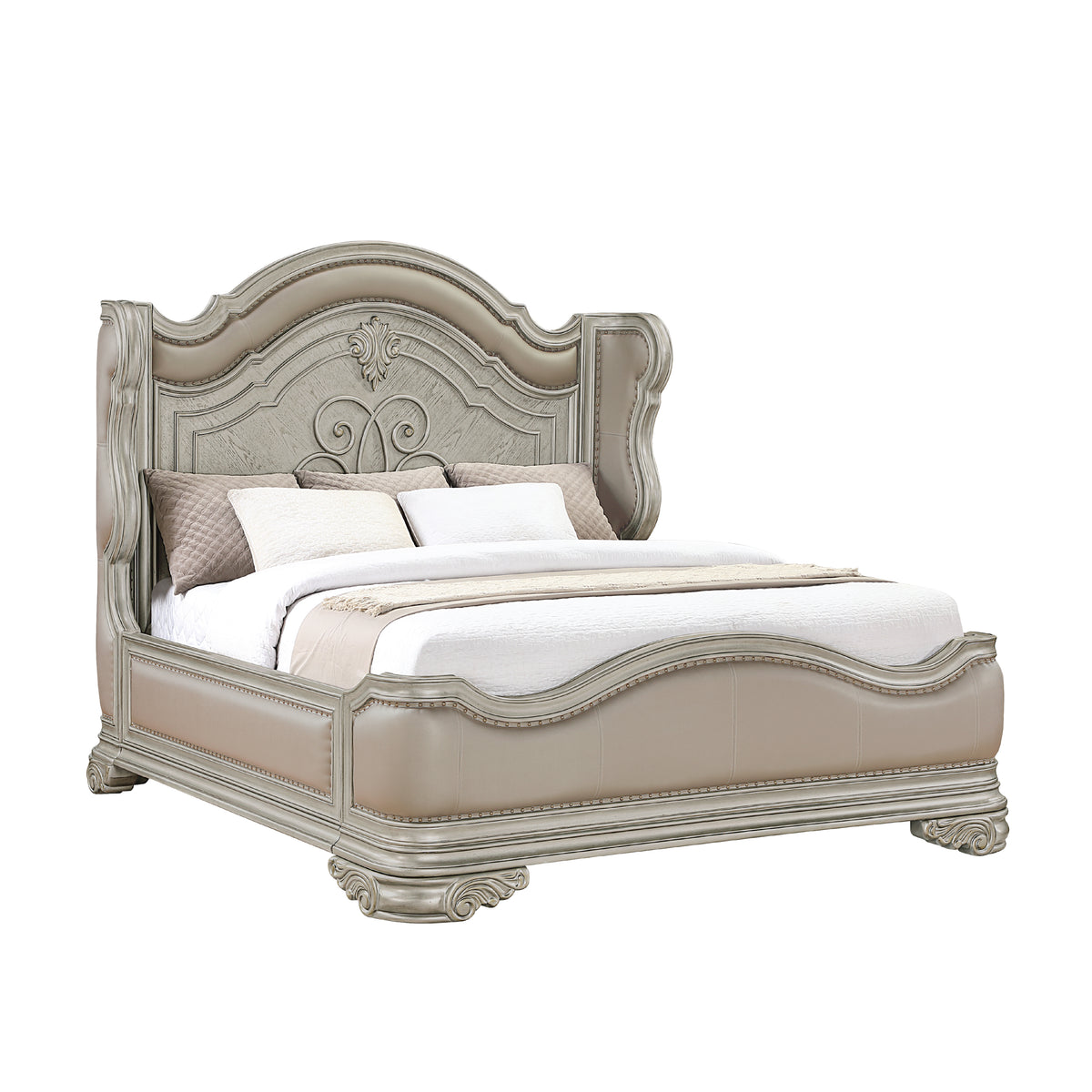 Bella Champagne upholstered bed shown with mattress and bedding. Photographed bed size not verified.