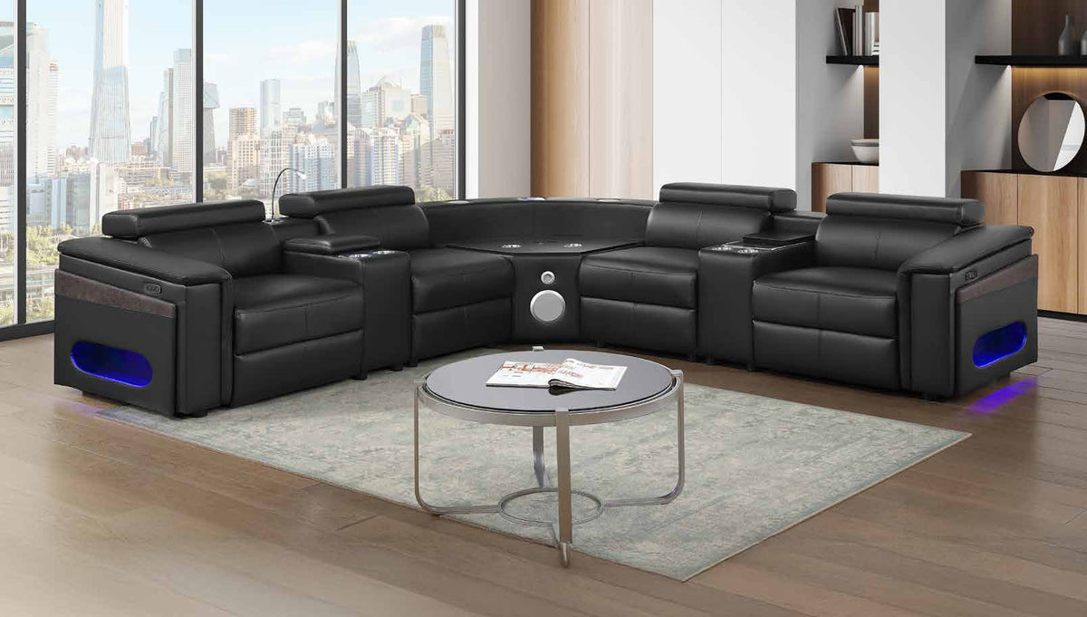 Nova Black modular sectional shown in a room scene with two consoles.
