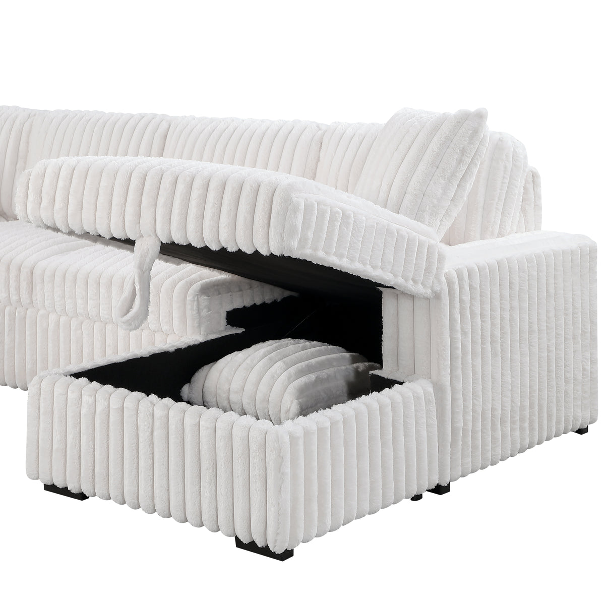 Grande Cream Sectional. Grande cream sectional upholstery, storage and arm details. Additional product view.