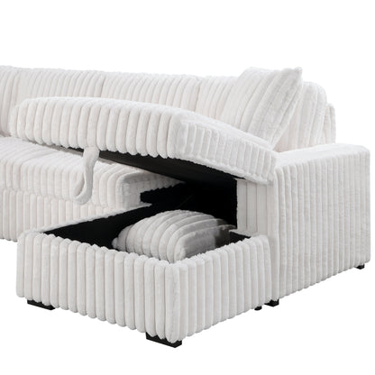 Grande Cream Sectional. Grande cream sectional upholstery, storage and arm details. Additional product view.