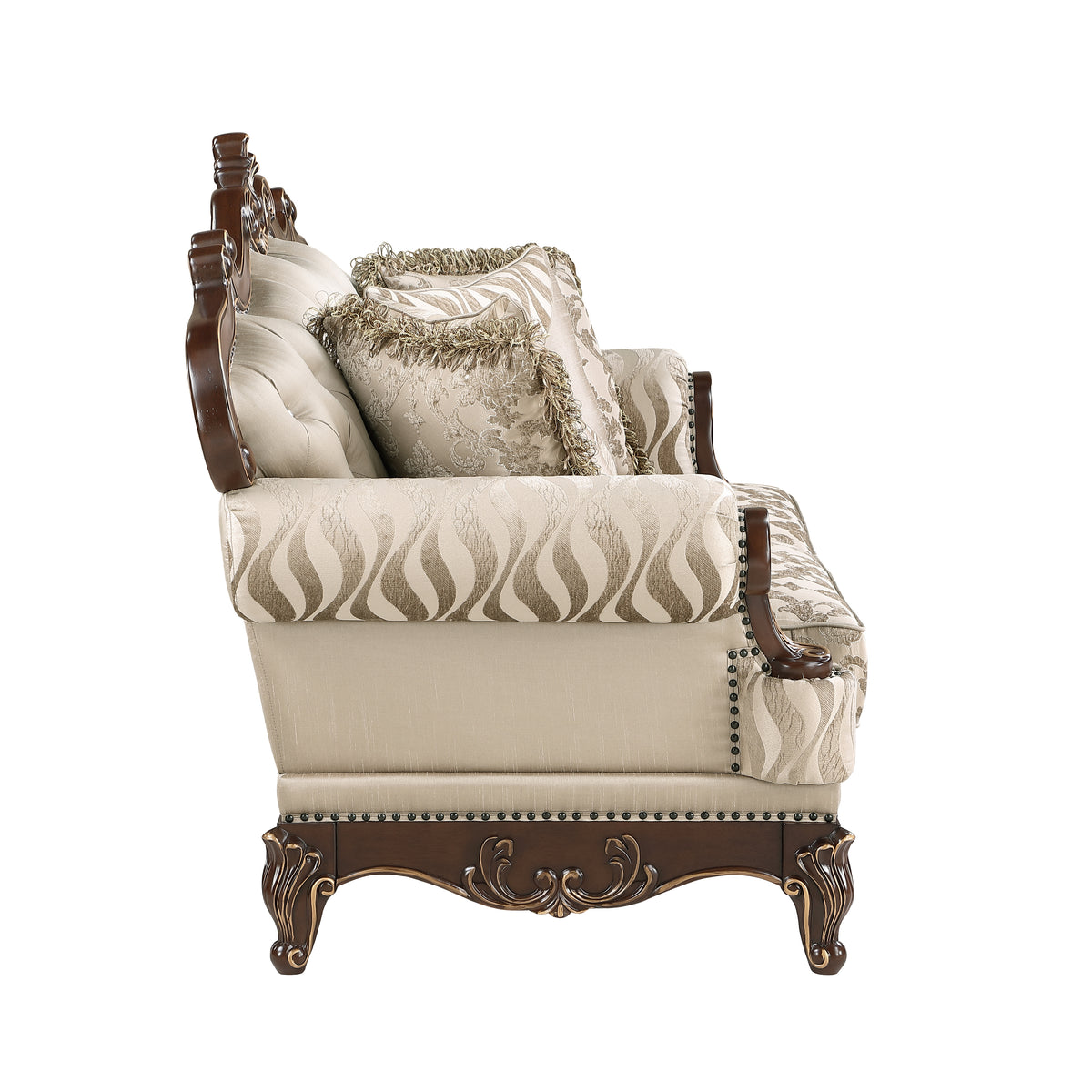 Lotus beige/walnut-tone loveseat.
