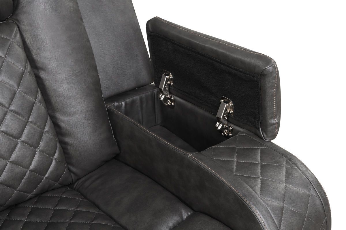 Benz gray loveseat console/storage.