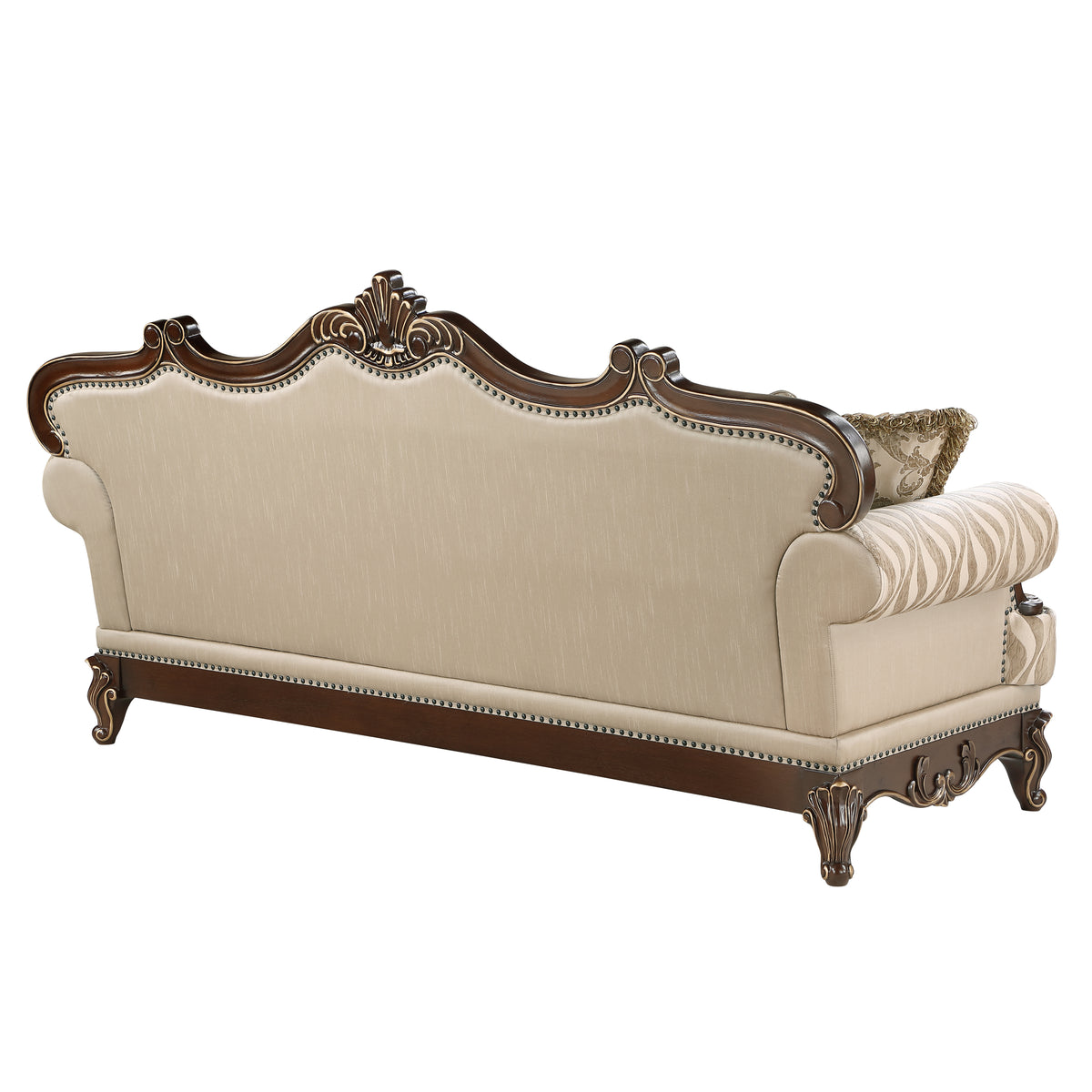Lotus beige/walnut-tone sofa rear.