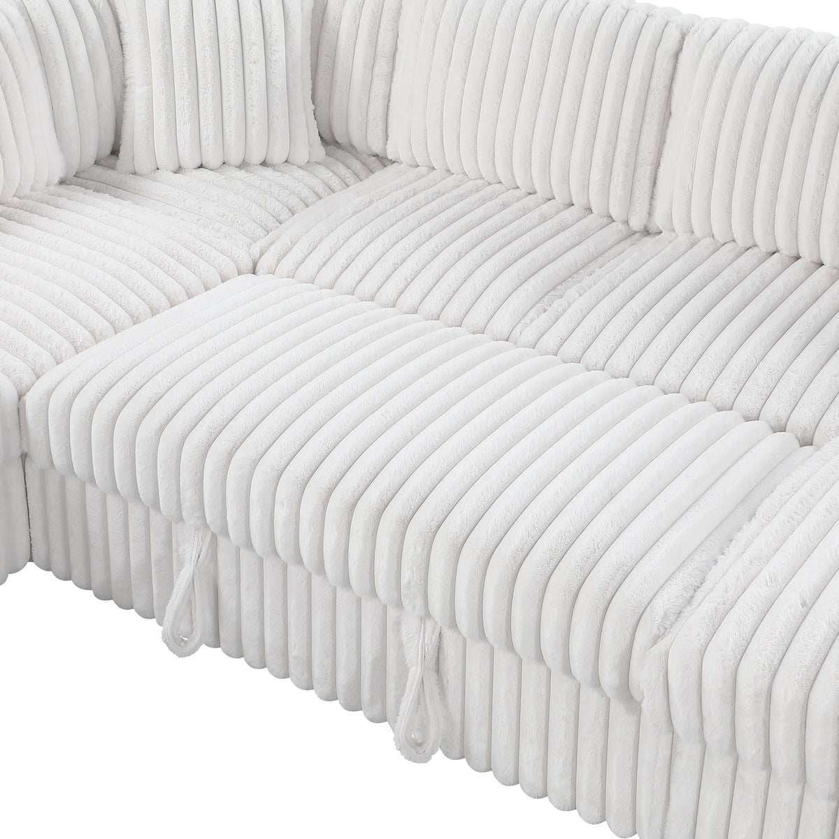Grande Cream Sectional. Grande cream sectional upholstery, storage and arm details. Additional product view.