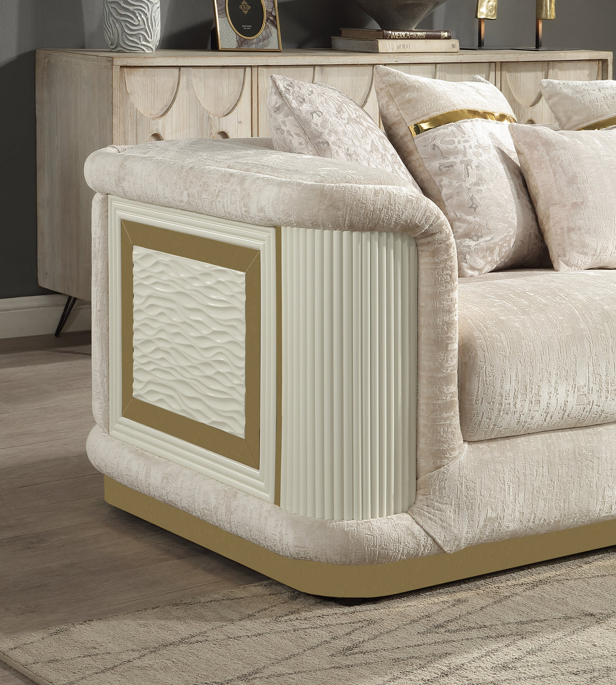 Bona beige seating upholstery and arm detail.