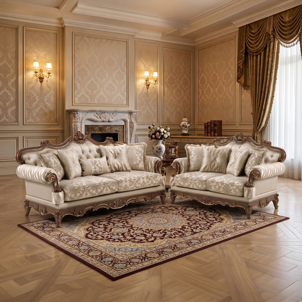 Lotus Beige and Walnut-Tone 2-Piece Sofa and Loveseat Set. Includes one sofa and one loveseat.