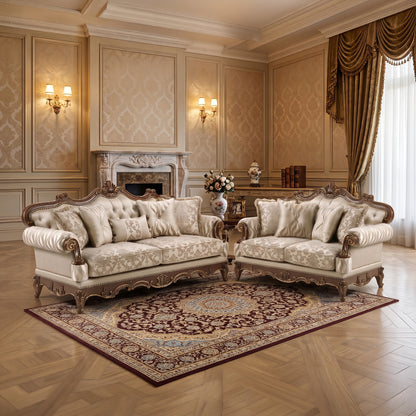 Lotus Beige and Walnut-Tone 2-Piece Sofa and Loveseat Set. Includes one sofa and one loveseat.