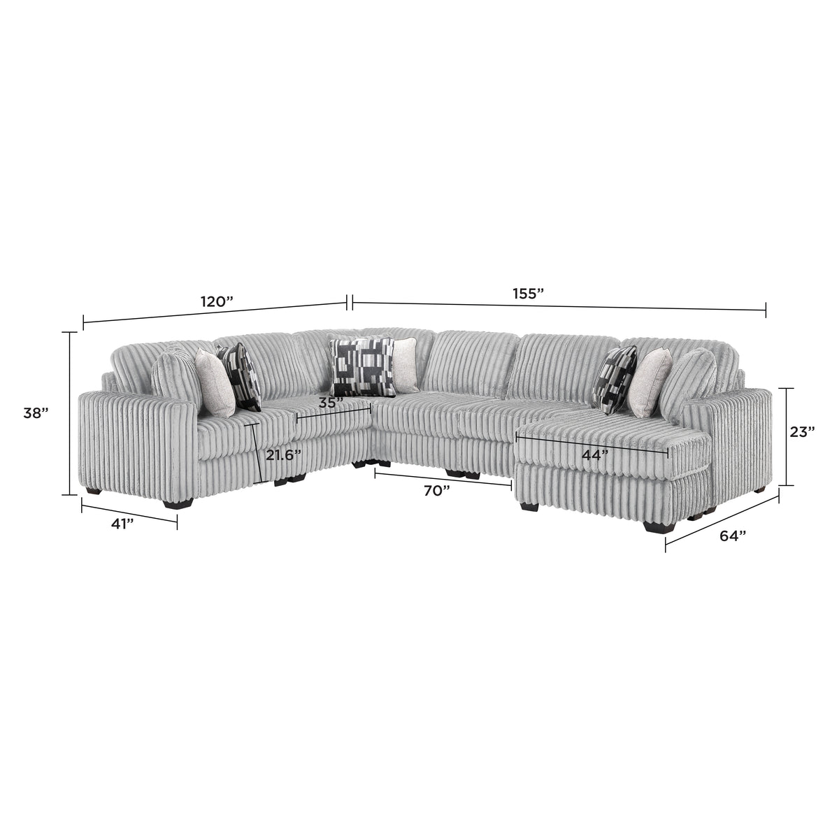Snuggle Gray sectional dimension diagram, not a plain hero - supplier dimension image.