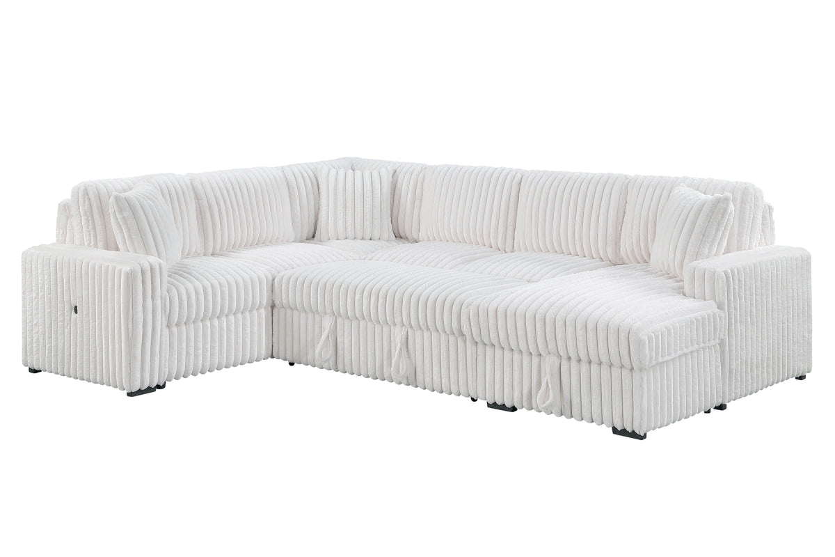 Grande Cream Sectional. Grande cream complete sectional with right chaise; open and closed views. Additional product view.