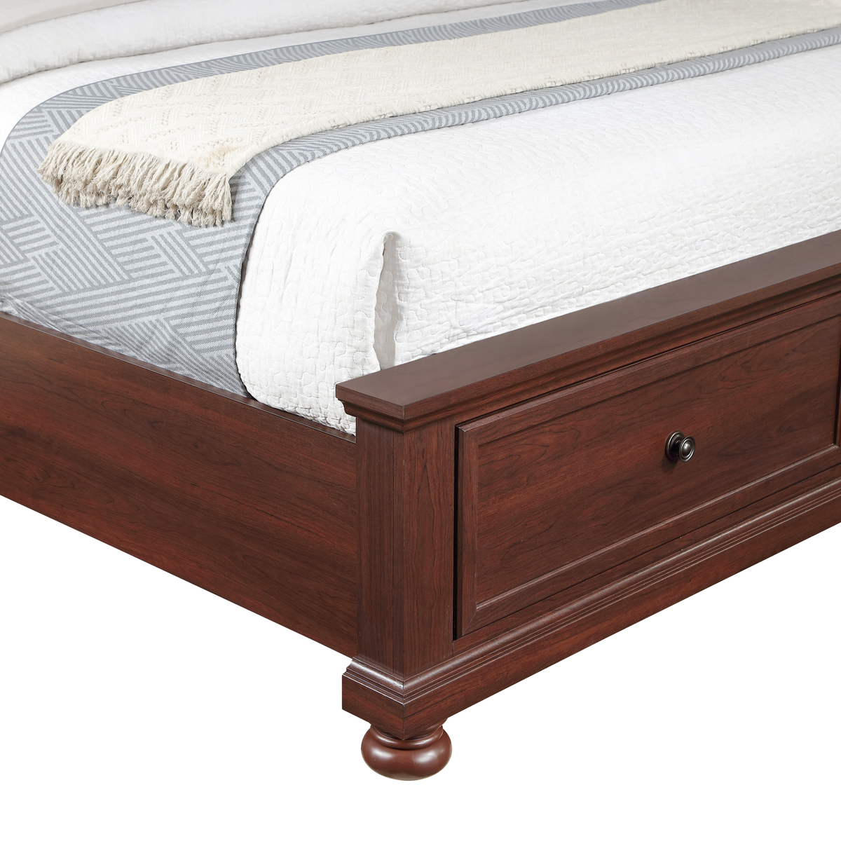 Boston Walnut Bed - bed detail. Shared supplier photo; photographed size is not verified.