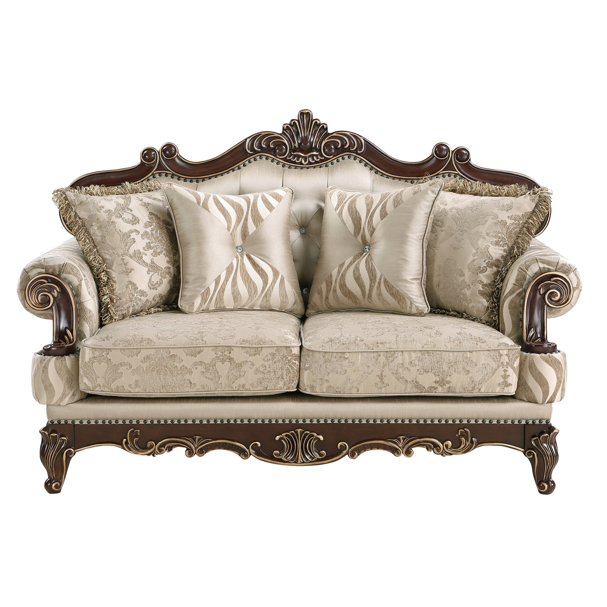 Lotus beige/walnut-tone loveseat.