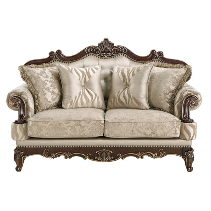 Lotus beige/walnut-tone loveseat.