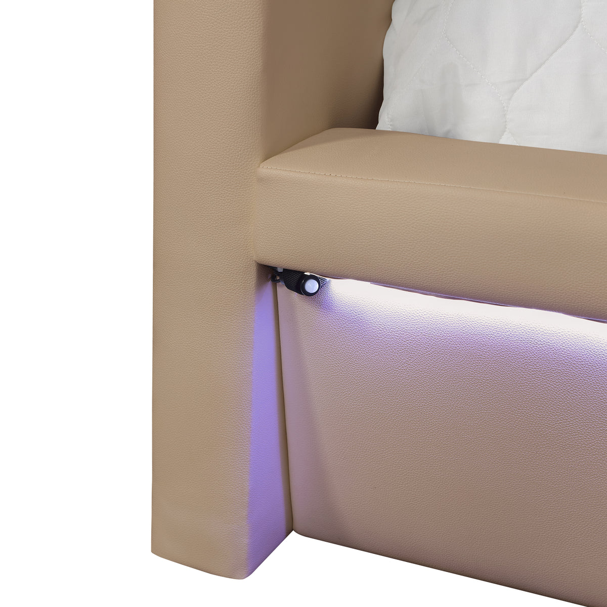 Futura Caramel Bed - bed detail. Shared supplier photo; photographed size is not verified.