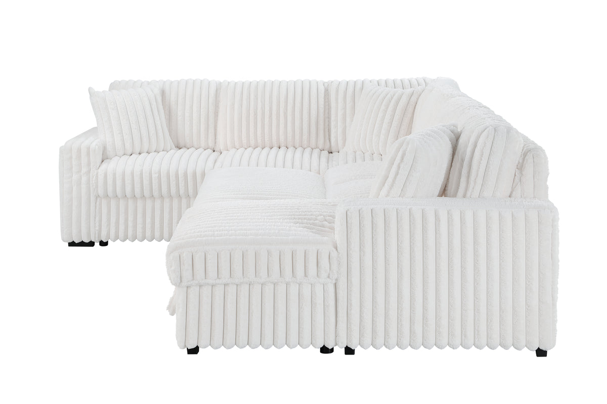 Grande Cream Sectional. Grande cream complete sectional with right chaise; open and closed views. Additional product view.