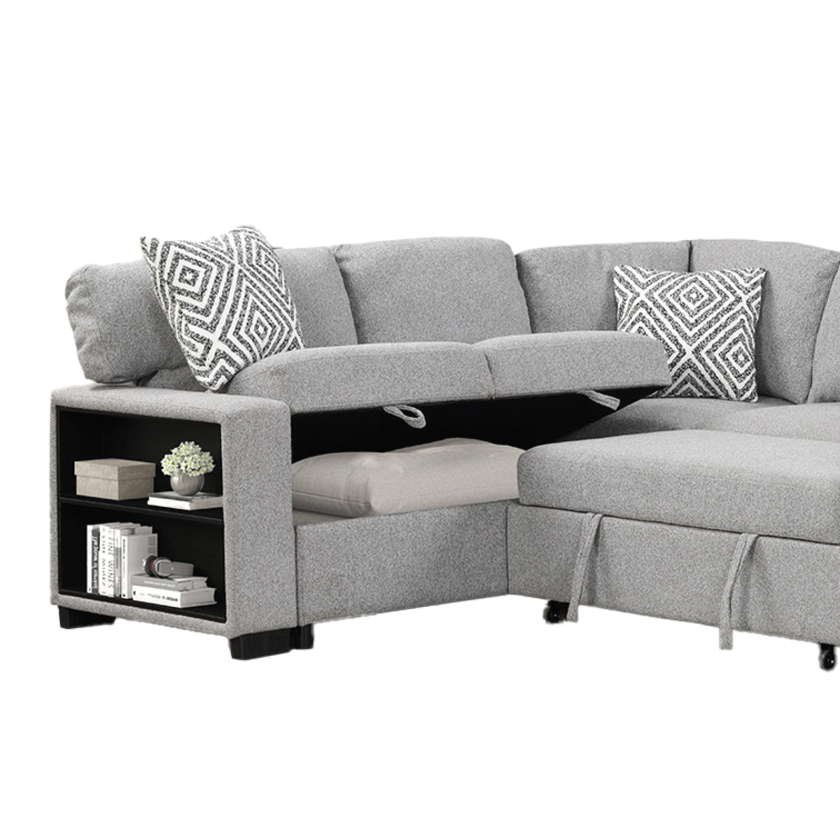 Cairo Gray Sectional. Cairo gray sectional chaise/storage/shelf/cupholder detail. Additional product view.