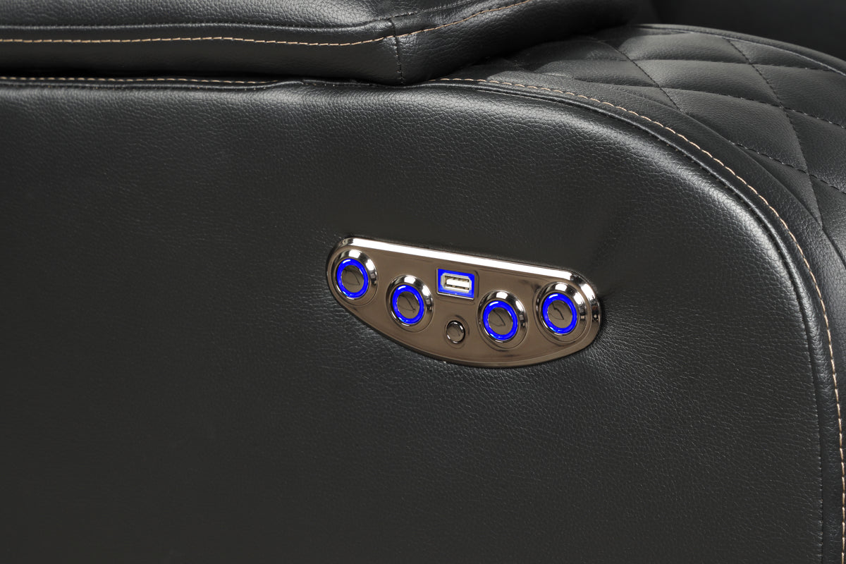 Benz Black Power Reclining Chair. Benz black chair control, storage, headrest, or lighting detail. Additional product view.