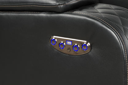 Benz Black Power Reclining Chair. Benz black chair control, storage, headrest, or lighting detail. Additional product view.