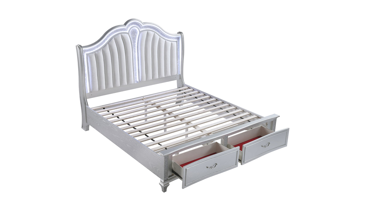 Mystic Silver Bed - bed frame open storage. Shared supplier photo; photographed size is not verified.