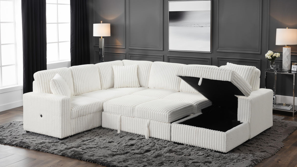 Grande Cream Sectional. Grande cream complete sectional with right chaise; open and closed views. Additional product view.