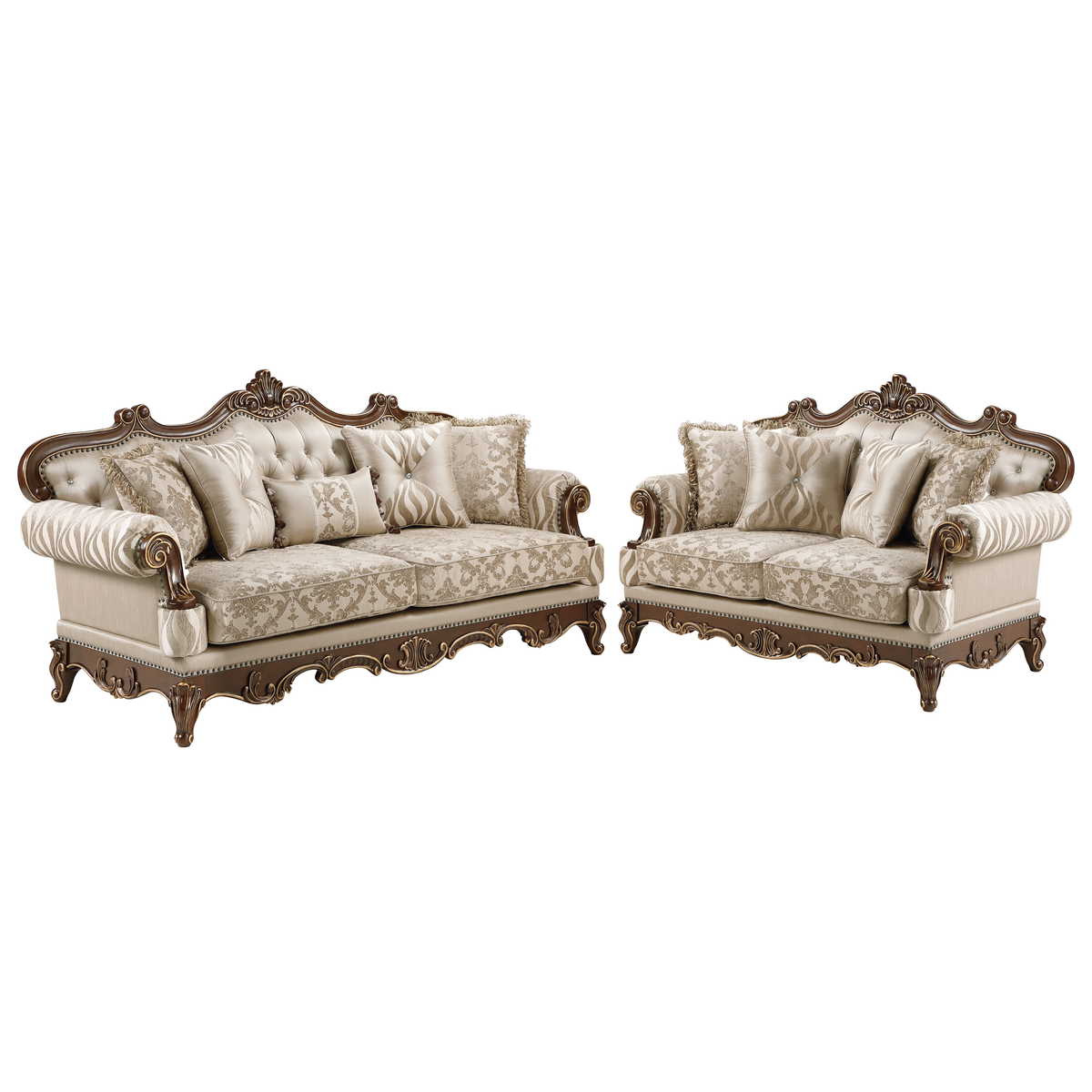 Lotus Beige and Walnut-Tone 2-Piece Sofa and Loveseat Set. Lotus beige upholstery/walnut-tone frame sofa and loveseat, exactly two pieces. Additional view of an included component.