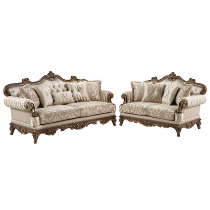 Lotus Beige and Walnut-Tone 2-Piece Sofa and Loveseat Set. Lotus beige upholstery/walnut-tone frame sofa and loveseat, exactly two pieces. Additional view of an included component.
