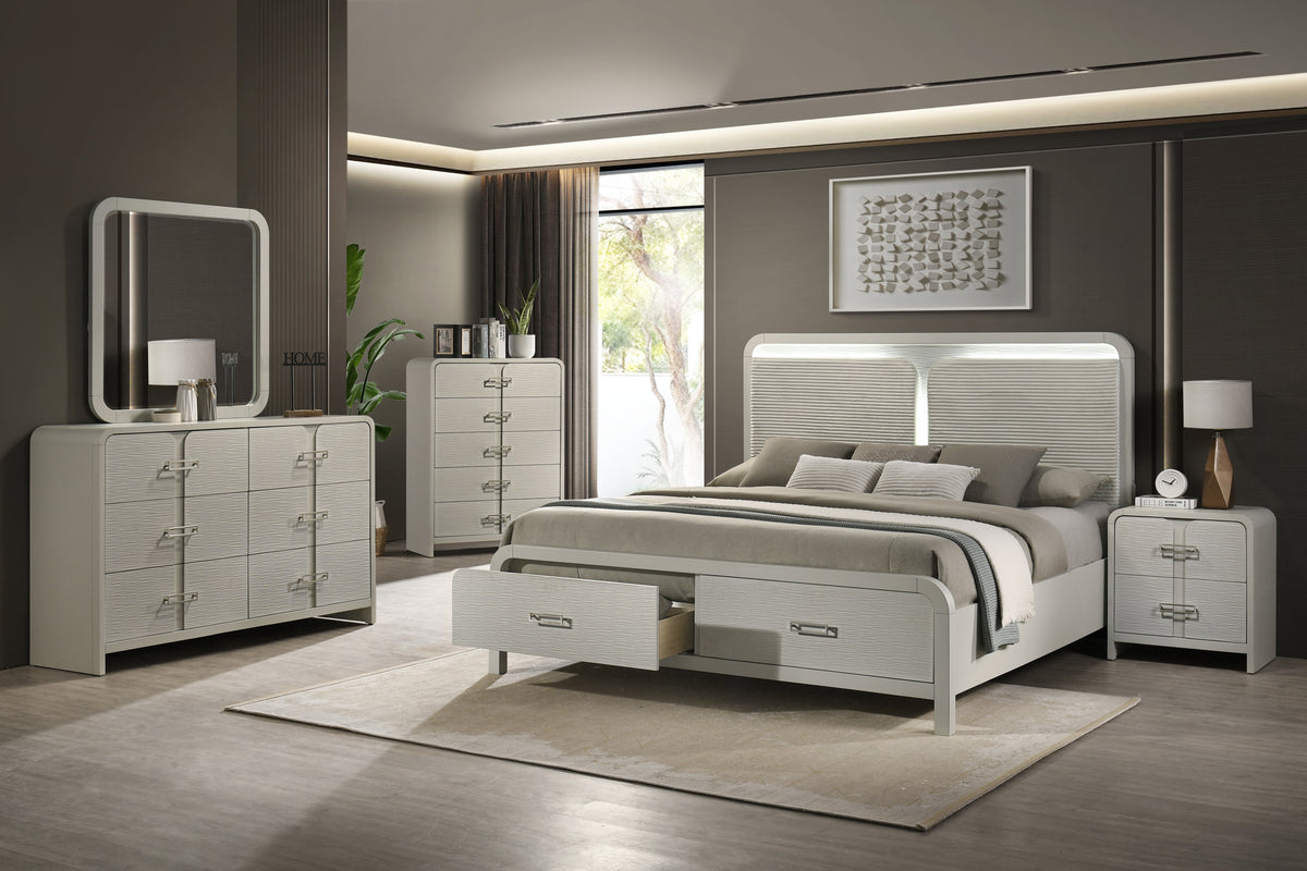 Aria Beige Bedroom Set. The room photograph shows the 5-piece arrangement with one nightstand. The chest is included only with the 5PC package. A second nightstand is included only when selected and may not be pictured. Photos illustrate the collection; the photographed bed size is not independently confirmed. Shared supplier photo; photographed size is not verified.