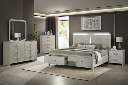 Aria Beige Bedroom Set. The room photograph shows the 5-piece arrangement with one nightstand. The chest is included only with the 5PC package. A second nightstand is included only when selected and may not be pictured. Photos illustrate the collection; the photographed bed size is not independently confirmed. Shared supplier photo; photographed size is not verified.