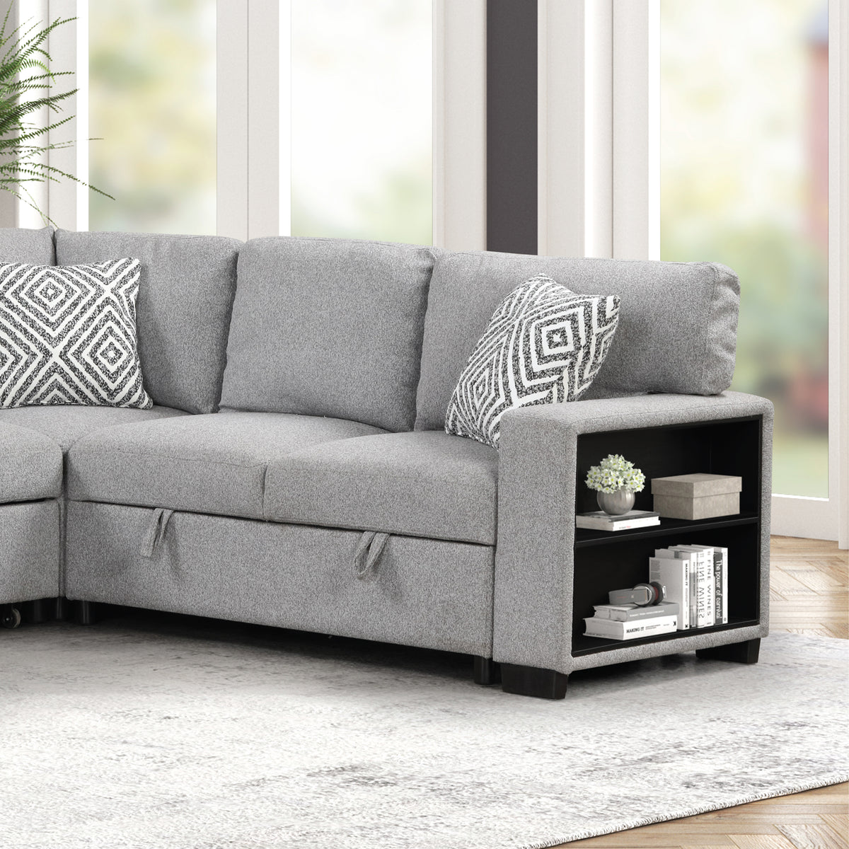 Cairo Gray Sectional. Cairo gray sectional chaise/storage/shelf/cupholder detail. Additional product view.