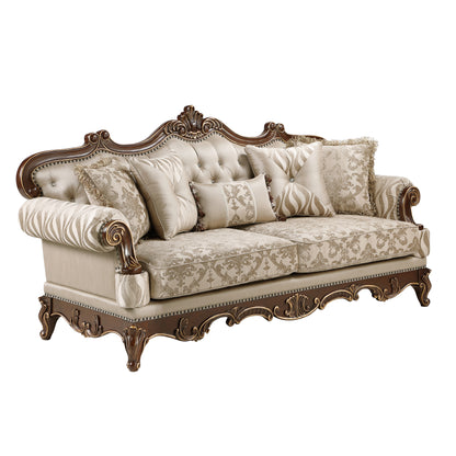 Lotus beige/walnut-tone sofa.