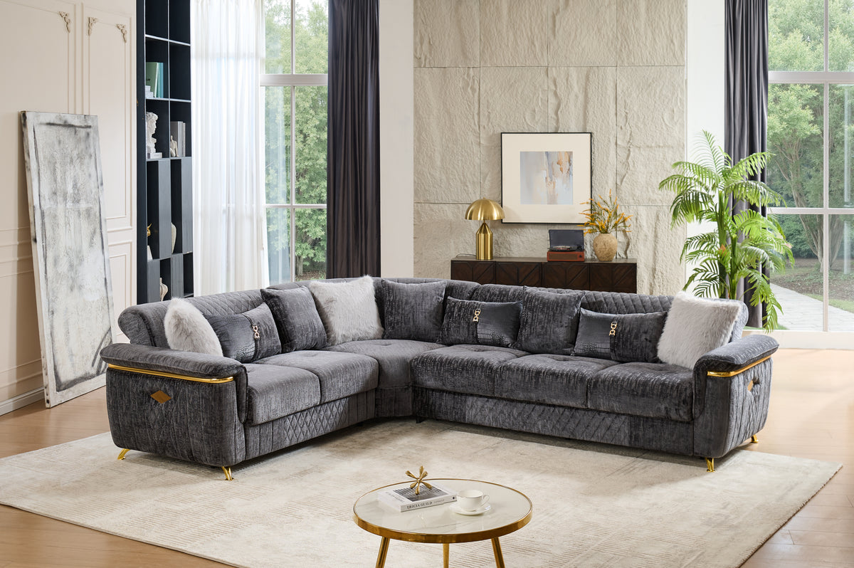 Argo Gray Sectional. Includes the supplier-listed sectional configuration: left-arm-facing sofa, right-arm-facing loveseat, wedge and armrest component.