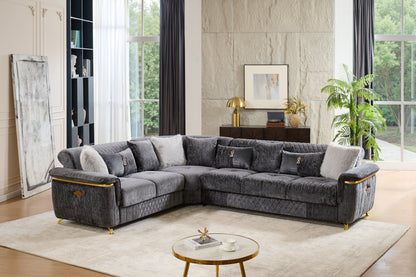 Argo Gray Sectional. Includes the supplier-listed sectional configuration: left-arm-facing sofa, right-arm-facing loveseat, wedge and armrest component.