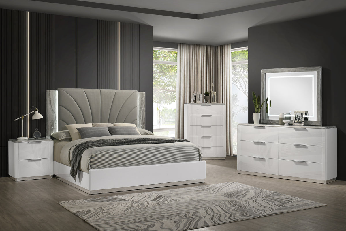 Jazz White Bedroom Set. The room photograph shows the 5-piece arrangement with one nightstand. The chest is included only with the 5PC package. A second nightstand is included only when selected and may not be pictured. Photos illustrate the collection; the photographed bed size is not independently confirmed. Shared supplier photo; photographed size is not verified.