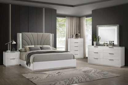 Jazz White Bedroom Set. The room photograph shows the 5-piece arrangement with one nightstand. The chest is included only with the 5PC package. A second nightstand is included only when selected and may not be pictured. Photos illustrate the collection; the photographed bed size is not independently confirmed. Shared supplier photo; photographed size is not verified.